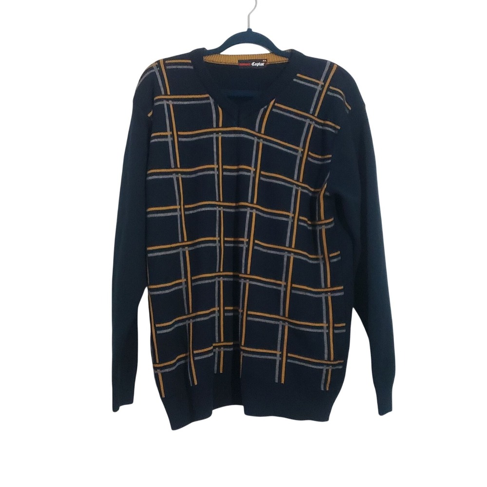 Captor V Neck Plaid Sweater‎ Mens XXL Navy Gold Gray Long Sleeve Casual Preppy